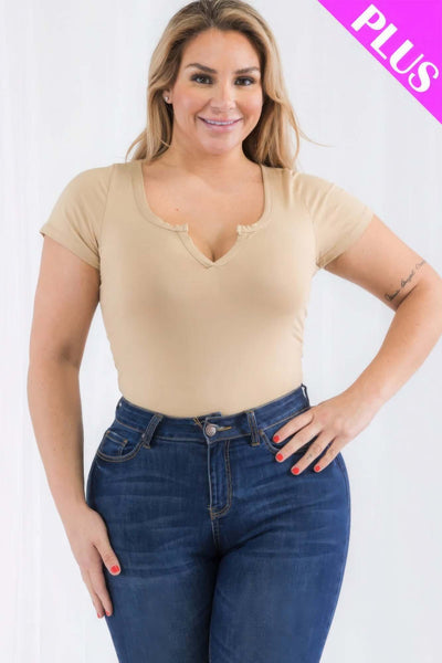 Plus Size Casual Split Neck Solid Short Sleeve Bodysuit - The Diva Goddess