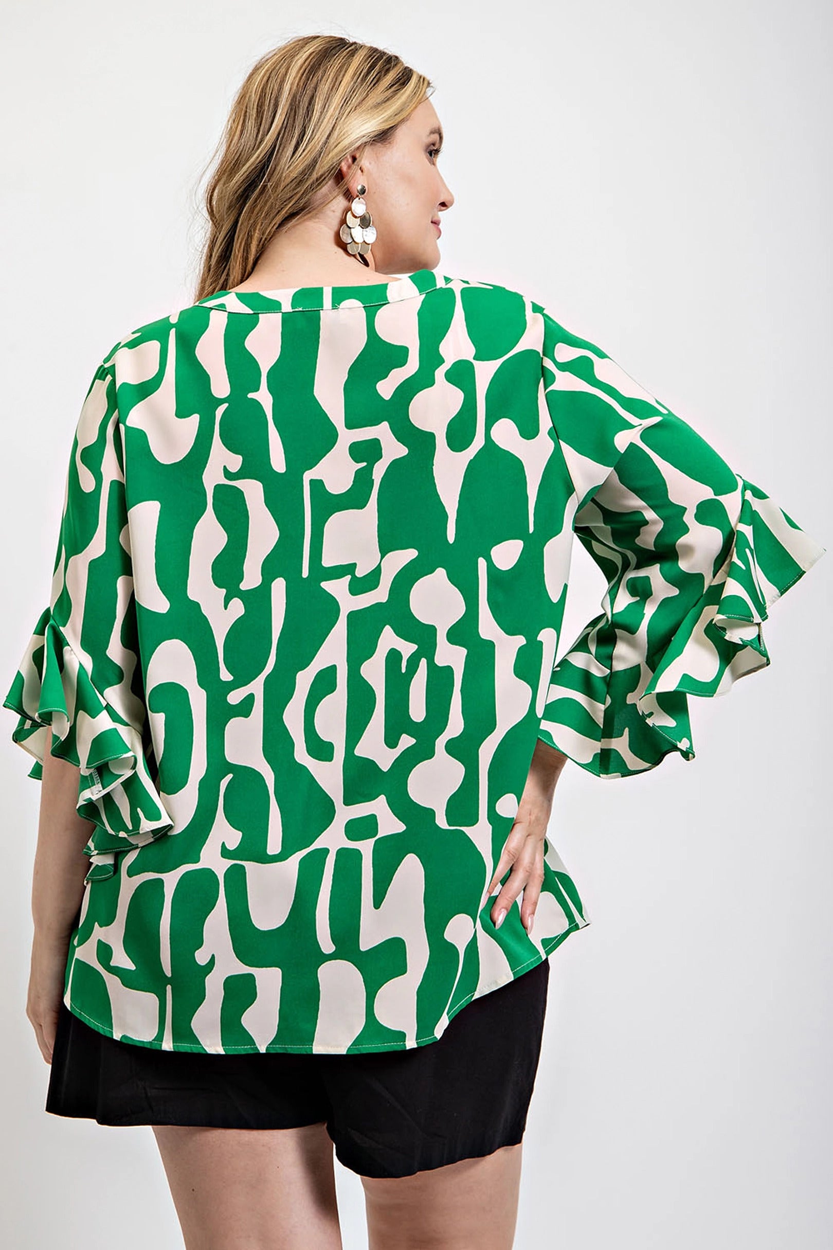 Geometric print ruffled bell sleeve woven top