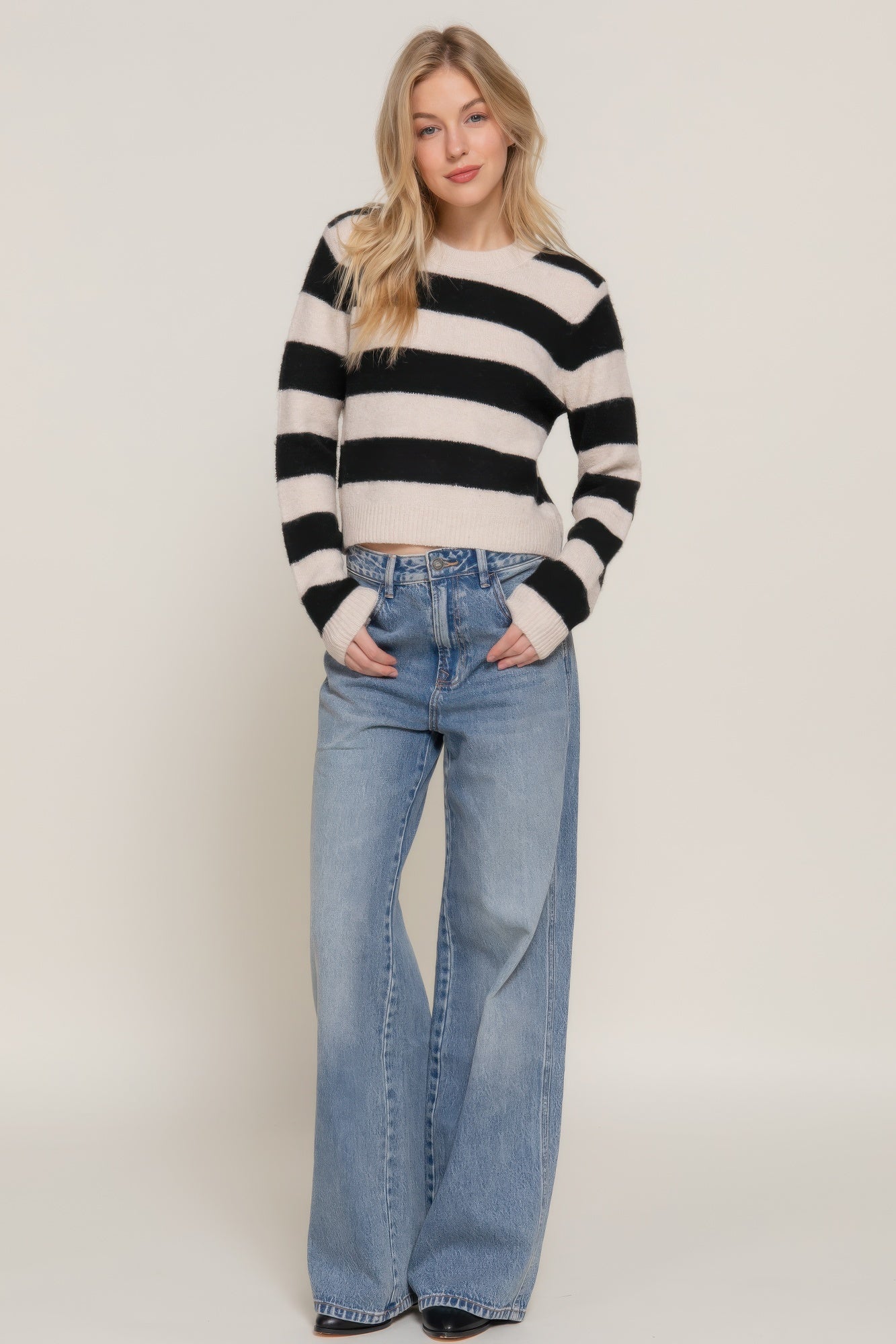 Long Slv Crew Neck Stripe Sweater