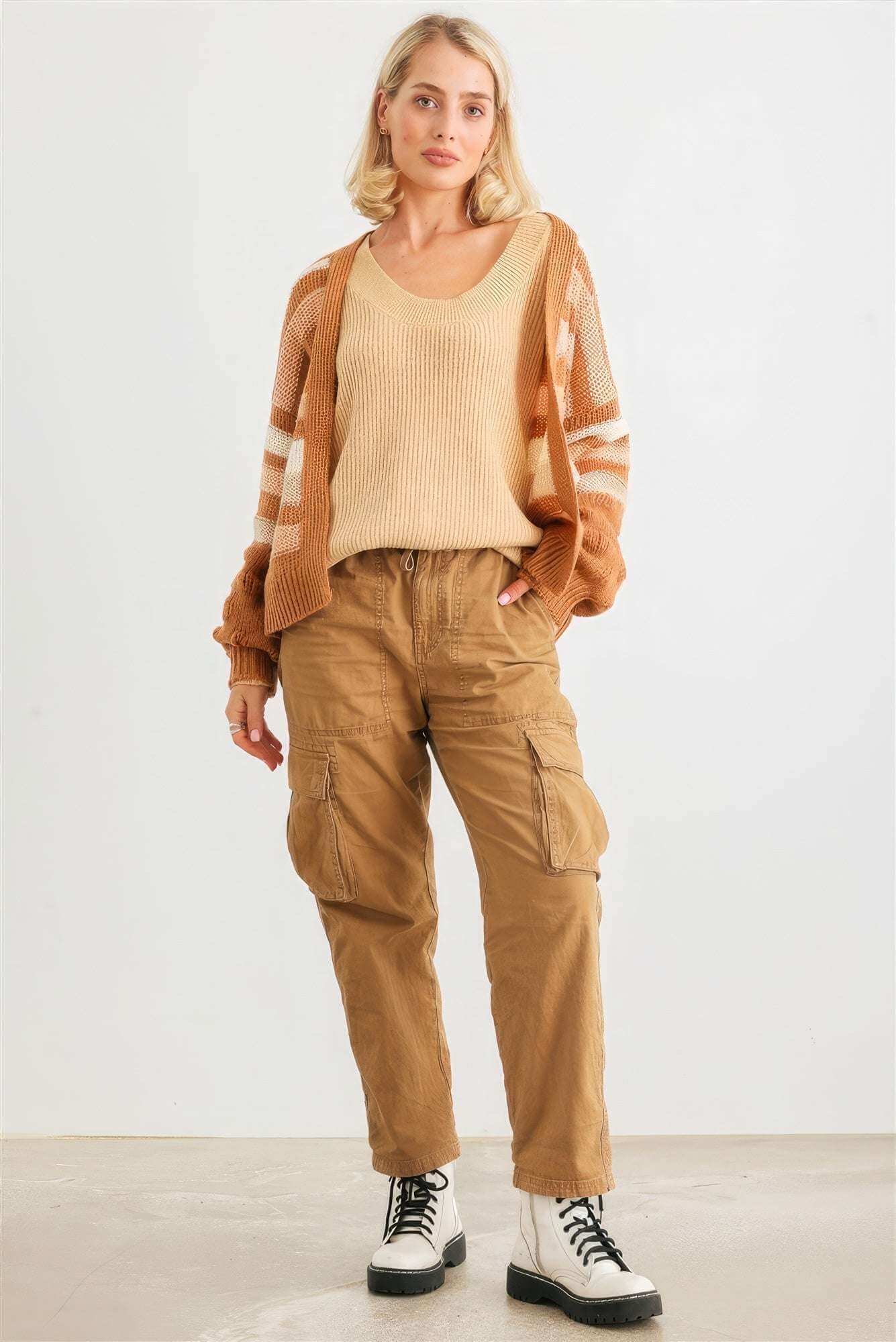 Camel Striped Crochet Knit Two Pocket Open Front Cardigan - The Diva Goddess