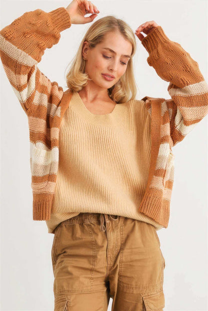 Camel Striped Crochet Knit Two Pocket Open Front Cardigan - The Diva Goddess