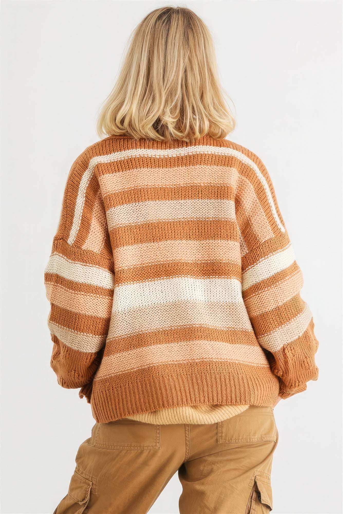 Camel Striped Crochet Knit Two Pocket Open Front Cardigan - The Diva Goddess