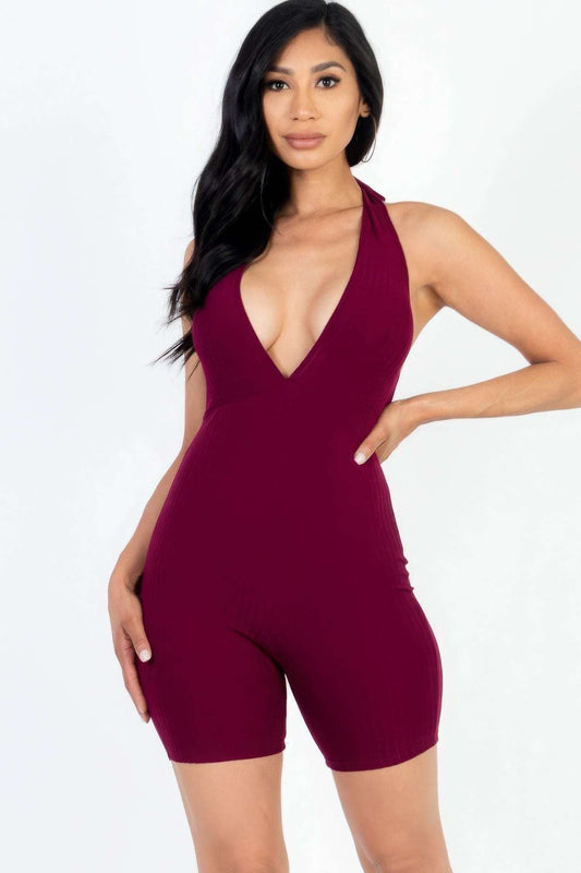 Casual Solid Halter V Neck Ribbed Bodycon Romper - The Diva Goddess