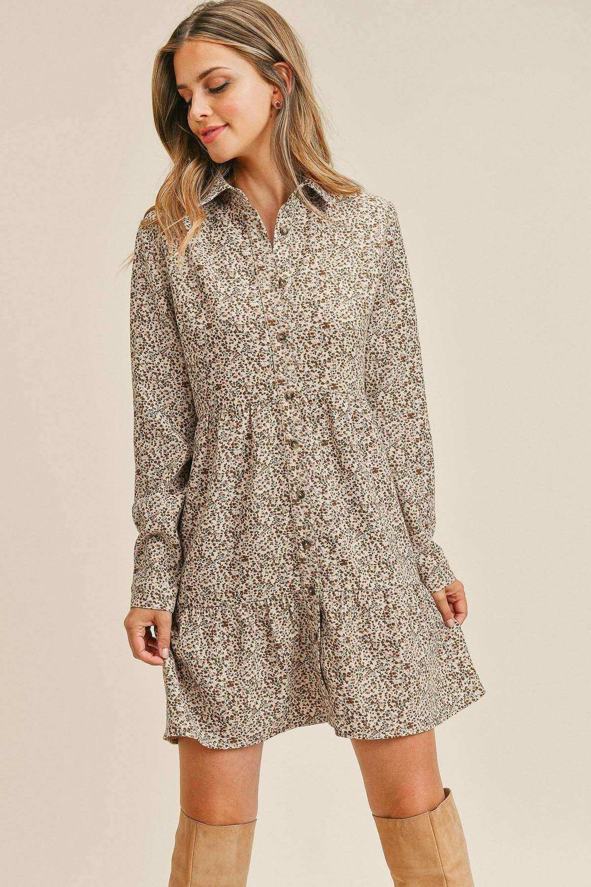 Corduroy Printed Button Down Front Collar Long Sleeve Dress - The Diva Goddess