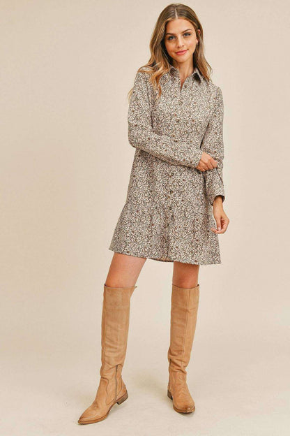 Corduroy Printed Button Down Front Collar Long Sleeve Dress - The Diva Goddess