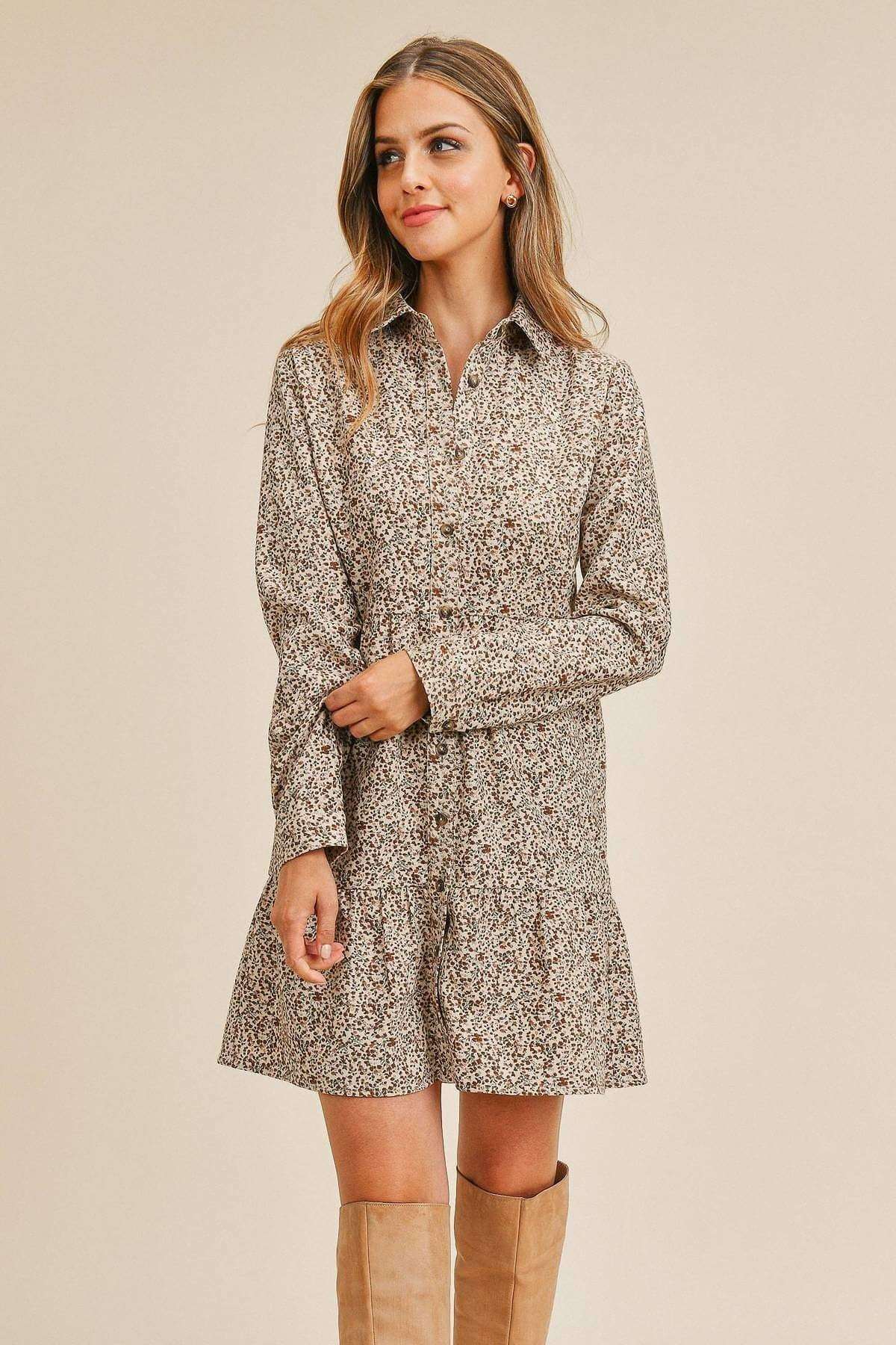 Corduroy Printed Button Down Front Collar Long Sleeve Dress - The Diva Goddess