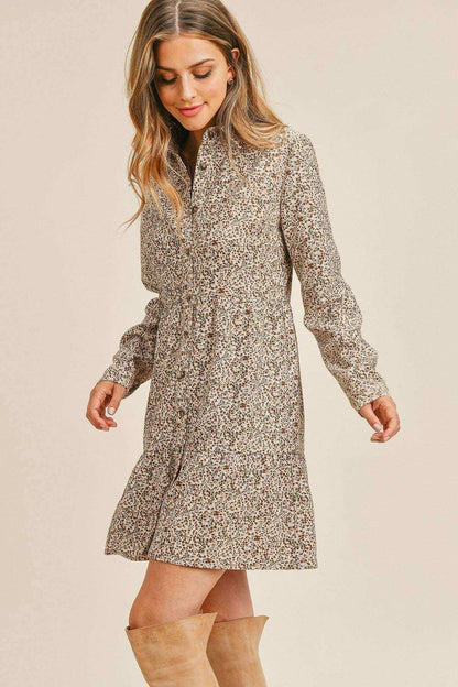 Corduroy Printed Button Down Front Collar Long Sleeve Dress - The Diva Goddess