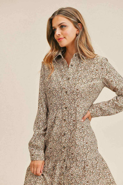 Corduroy Printed Button Down Front Collar Long Sleeve Dress - The Diva Goddess