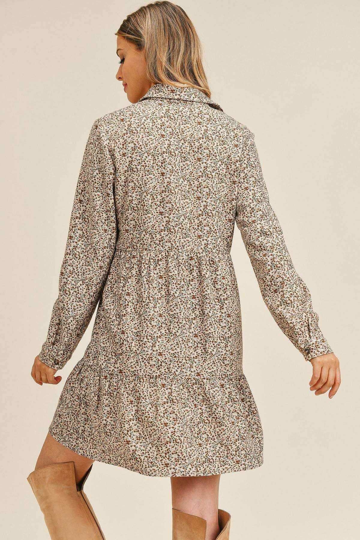 Corduroy Printed Button Down Front Collar Long Sleeve Dress - The Diva Goddess