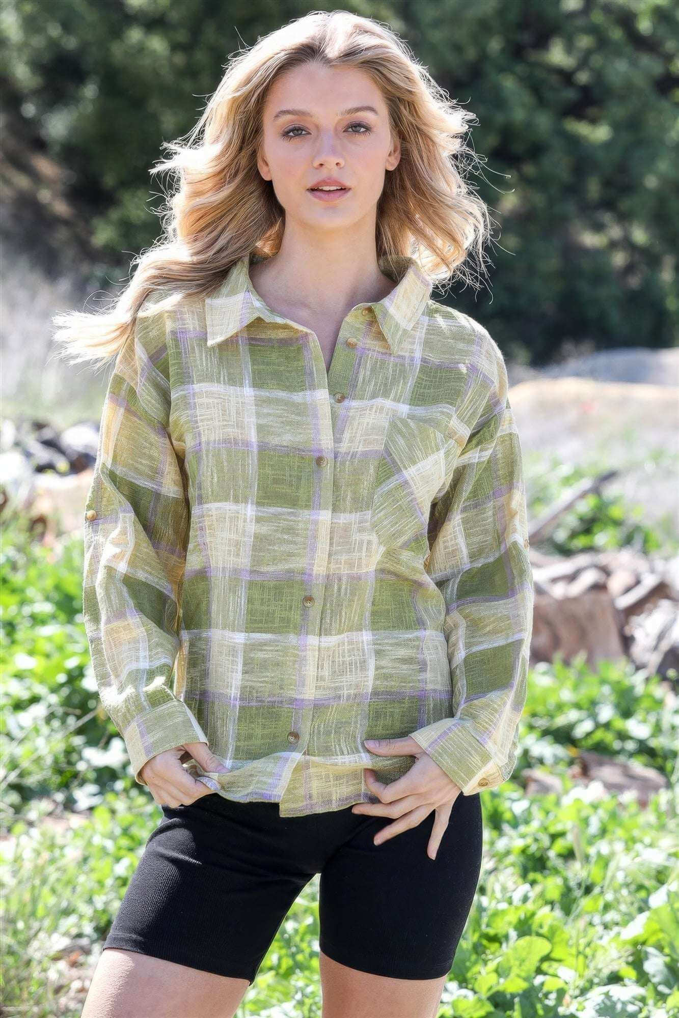 Cotton & Linen Blend Textured Plaid Shirt Top - The Diva Goddess