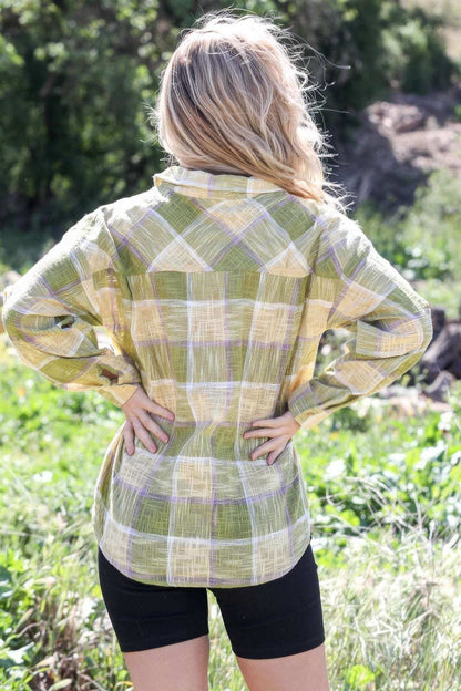 Cotton & Linen Blend Textured Plaid Shirt Top - The Diva Goddess