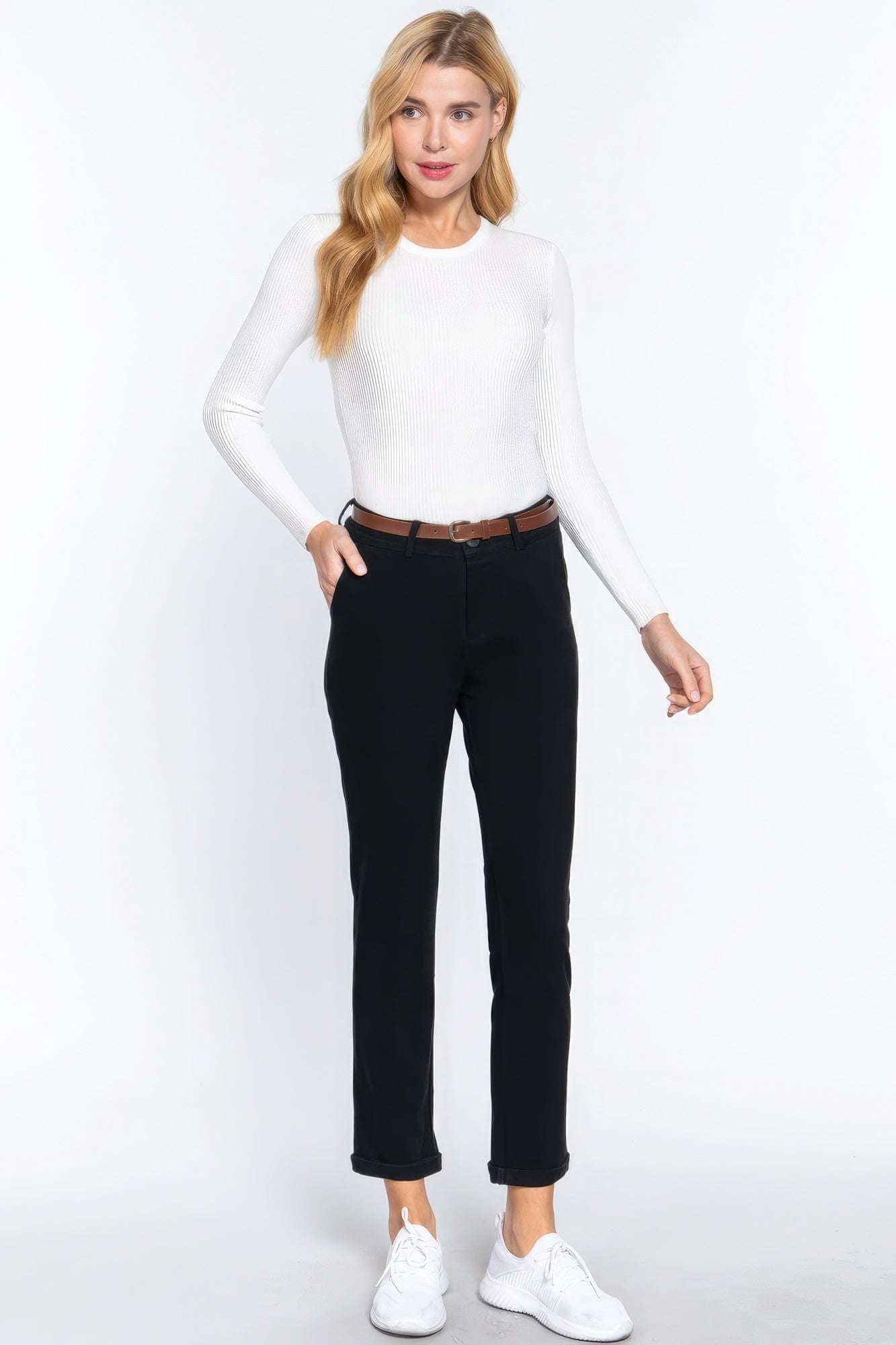 Cotton-span Twill Belted Long Pants - The Diva Goddess