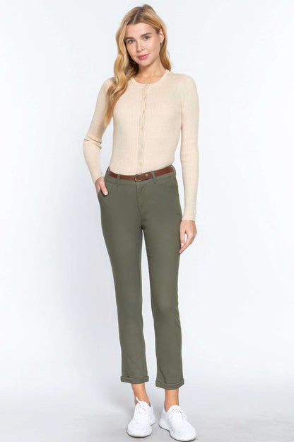 Cotton-span Twill Belted Long Pants - The Diva Goddess