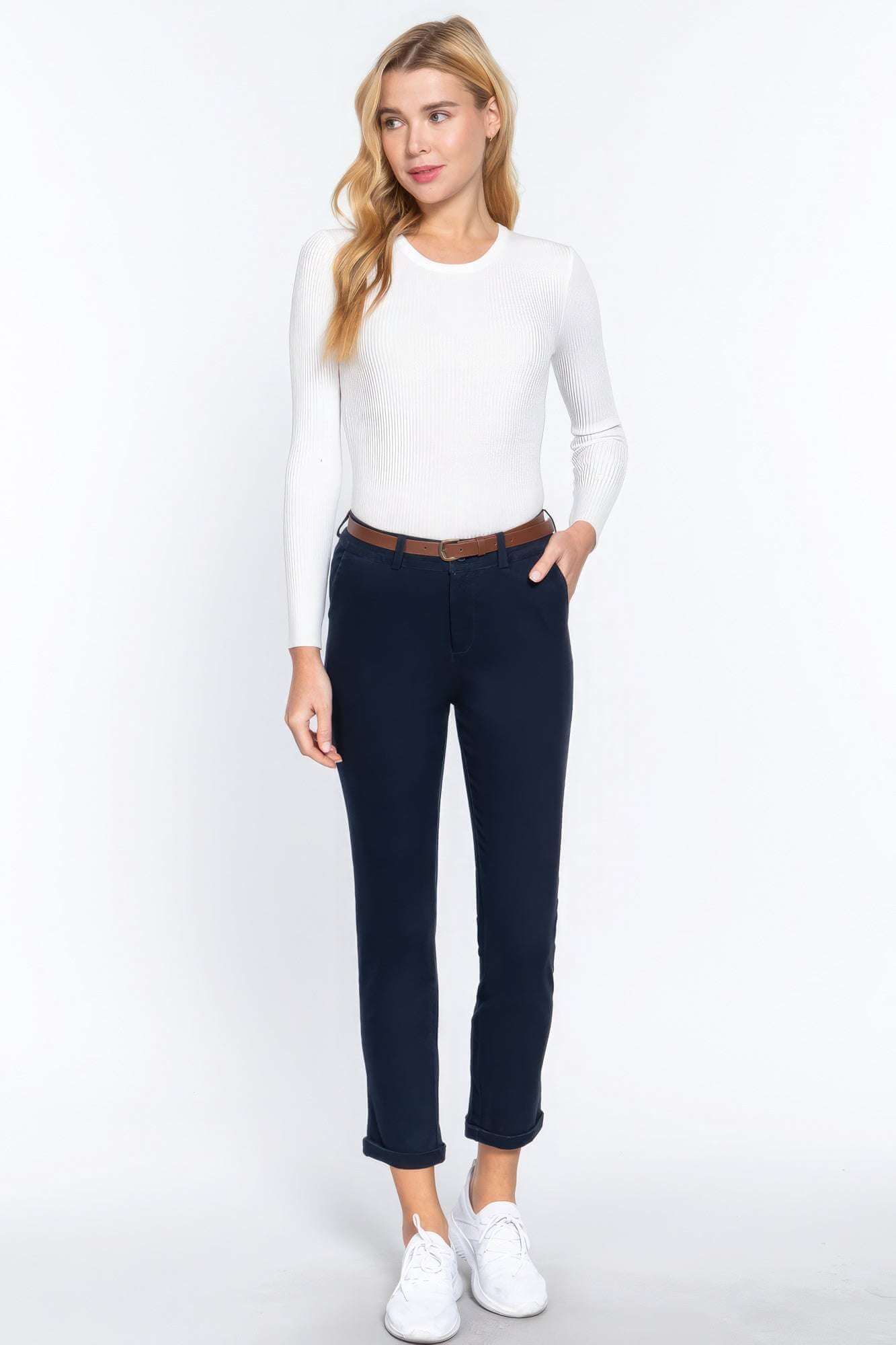 Cotton-span Twill Belted Long Pants - The Diva Goddess