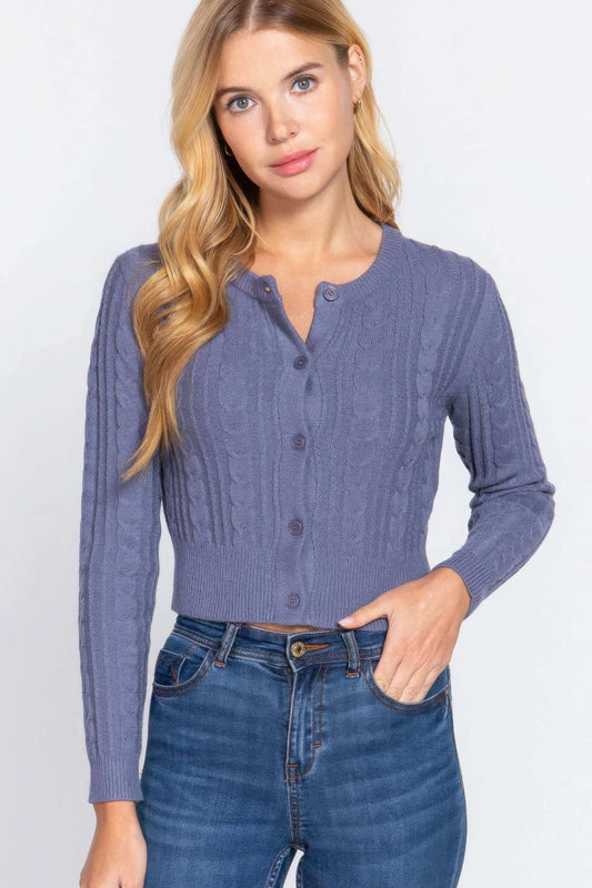 Crew Neck Cable Sweater Cardigan - The Diva Goddess