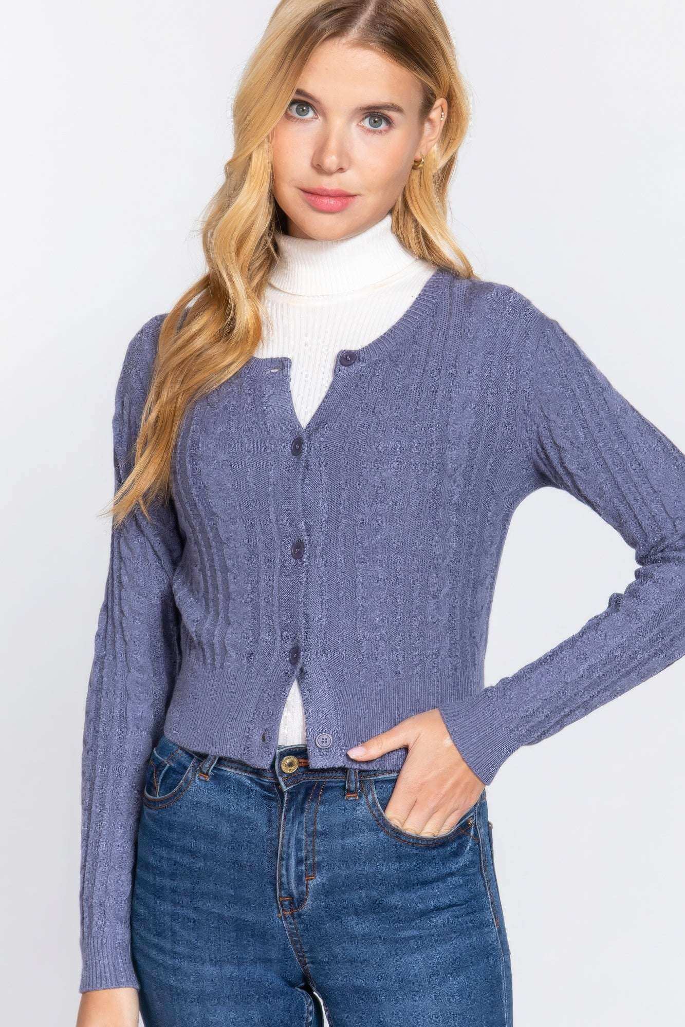 Crew Neck Cable Sweater Cardigan - The Diva Goddess