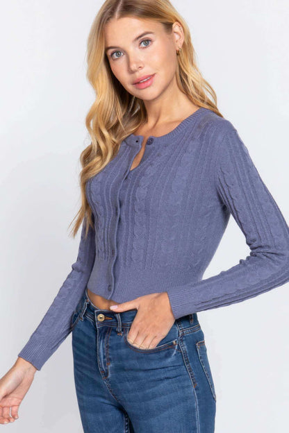 Crew Neck Cable Sweater Cardigan - The Diva Goddess