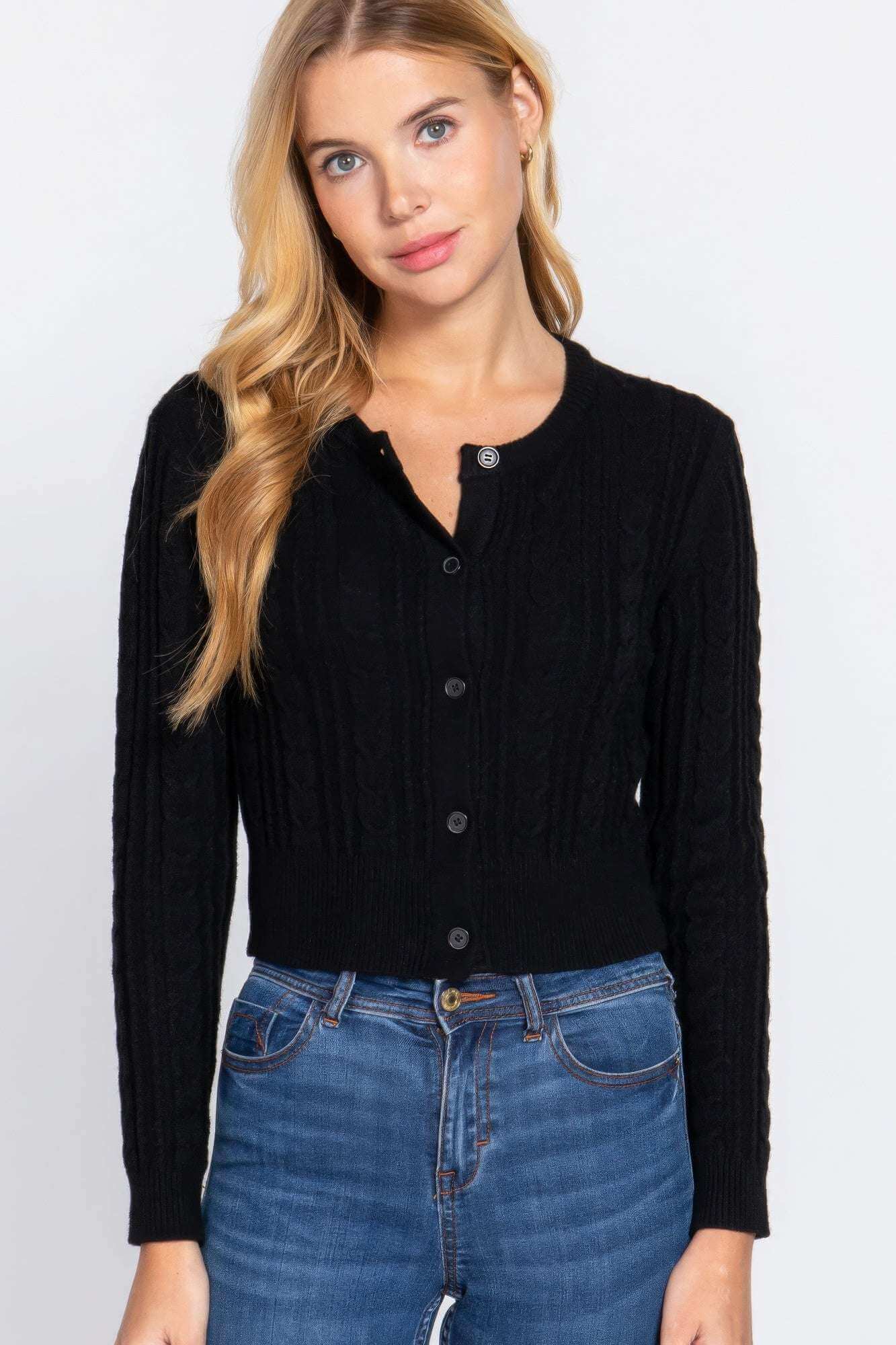 Crew Neck Cable Sweater Cardigan - The Diva Goddess