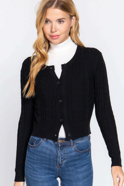 Crew Neck Cable Sweater Cardigan - The Diva Goddess