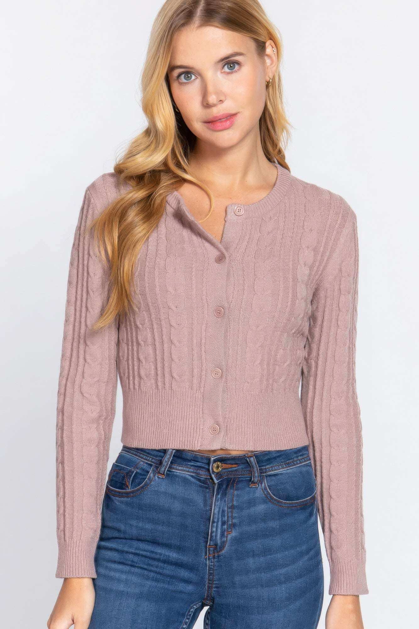 Crew Neck Cable Sweater Cardigan - The Diva Goddess