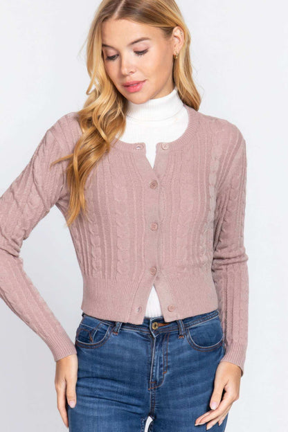 Crew Neck Cable Sweater Cardigan - The Diva Goddess