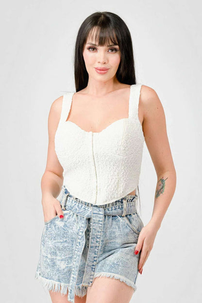 Crinkle Stretch Knit Sweetheart Hooked Bustier Cropped Top - The Diva Goddess