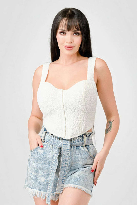 Crinkle Stretch Knit Sweetheart Hooked Bustier Cropped Top - The Diva Goddess