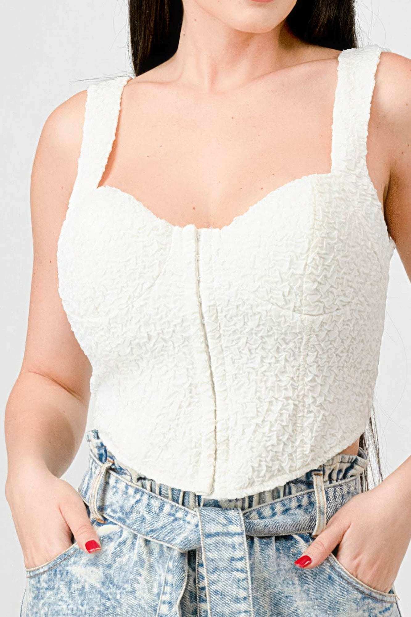 Crinkle Stretch Knit Sweetheart Hooked Bustier Cropped Top - The Diva Goddess