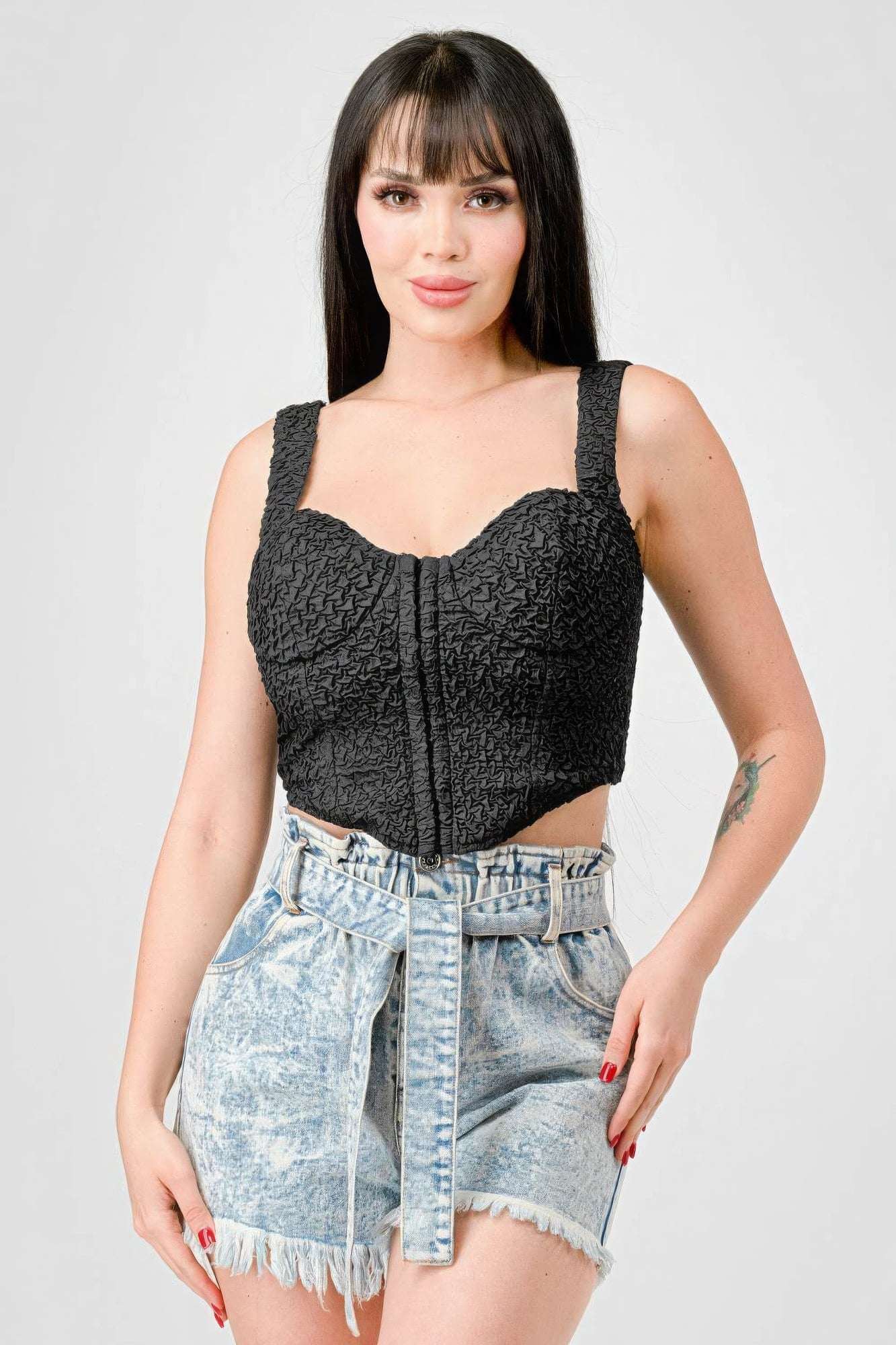 Crinkle Stretch Knit Sweetheart Hooked Bustier Cropped Top - The Diva Goddess