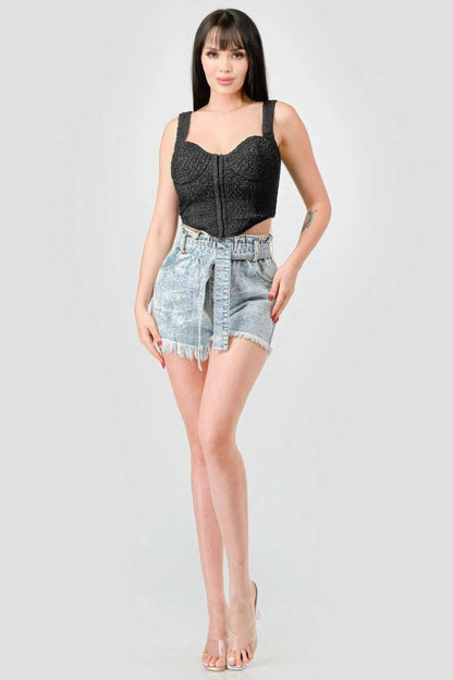 Crinkle Stretch Knit Sweetheart Hooked Bustier Cropped Top - The Diva Goddess