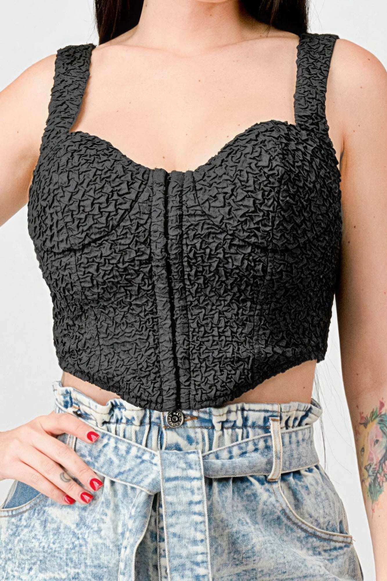 Crinkle Stretch Knit Sweetheart Hooked Bustier Cropped Top - The Diva Goddess