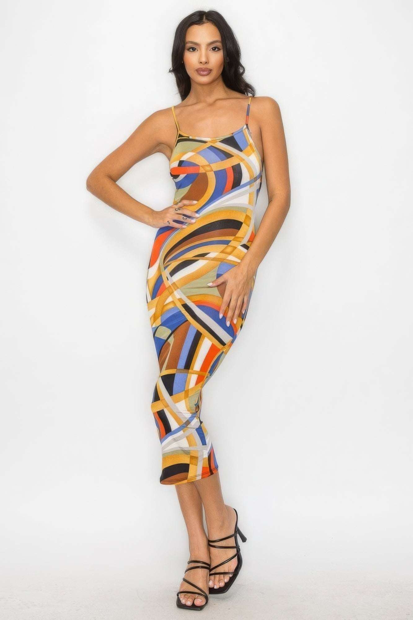 Crossed Back Marble Print Multicolor Midi Dress - The Diva Goddess