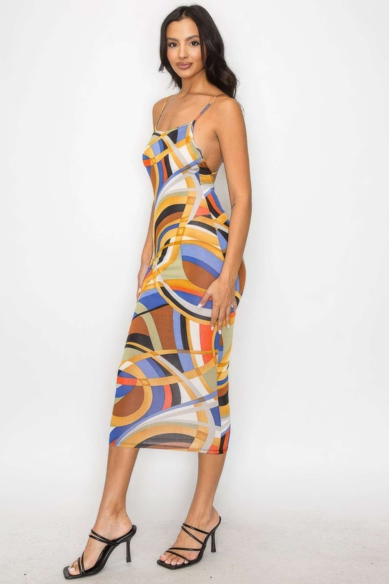 Crossed Back Marble Print Multicolor Midi Dress - The Diva Goddess