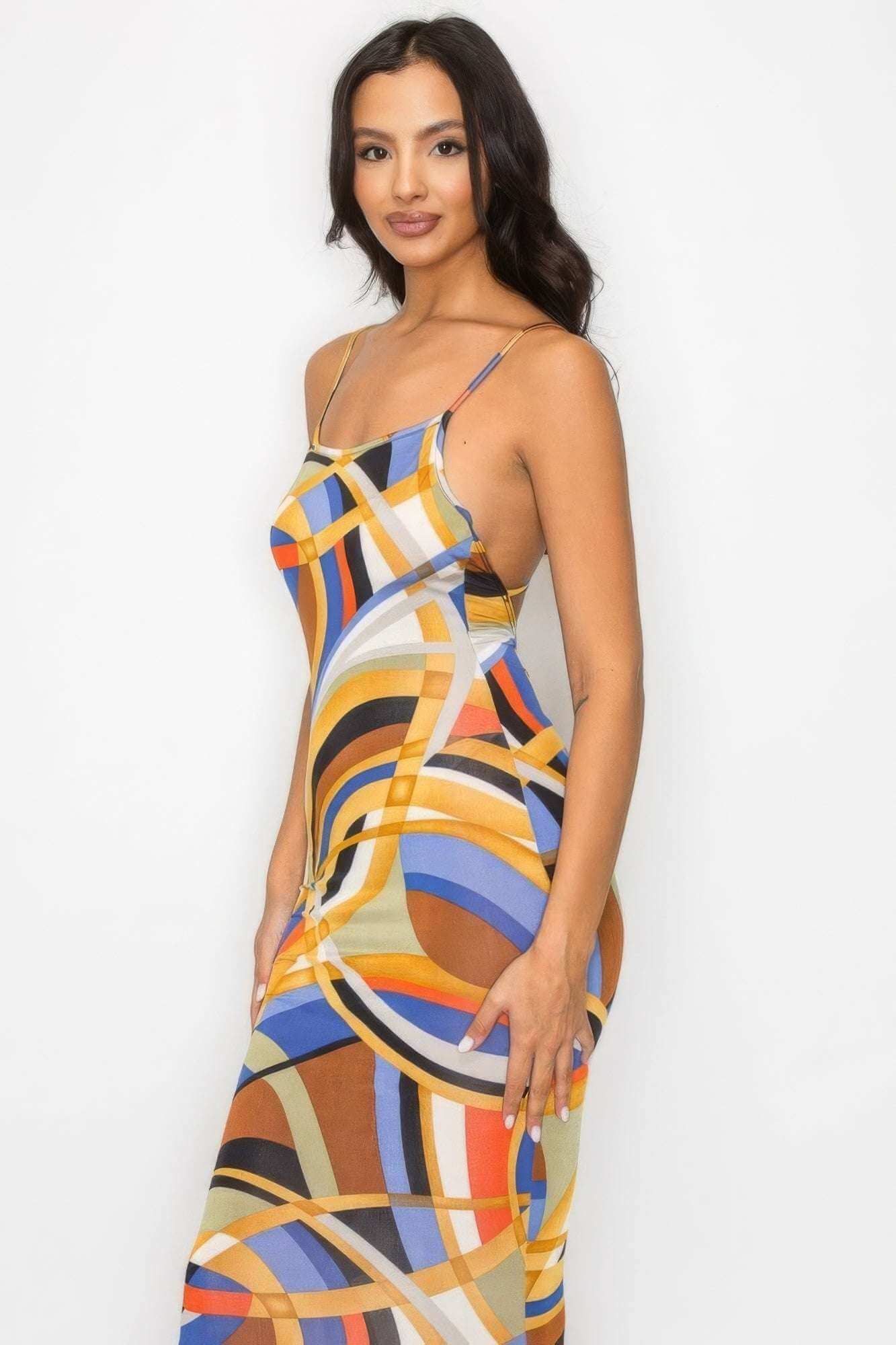 Crossed Back Marble Print Multicolor Midi Dress - The Diva Goddess