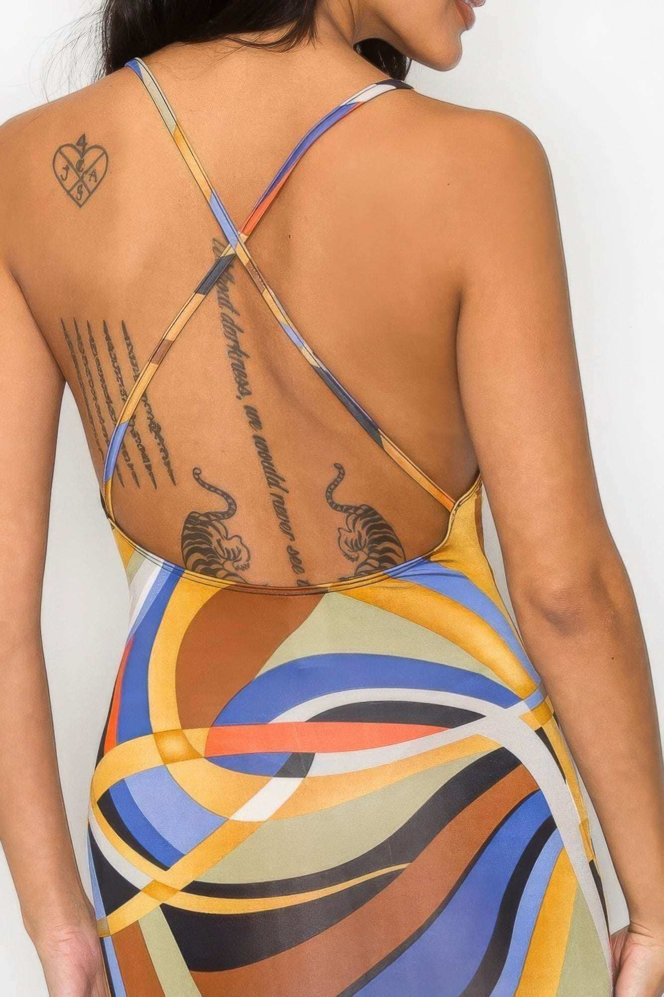 Crossed Back Marble Print Multicolor Midi Dress - The Diva Goddess