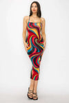 Crossed Back Marble Print Multicolor Midi Dress - The Diva Goddess