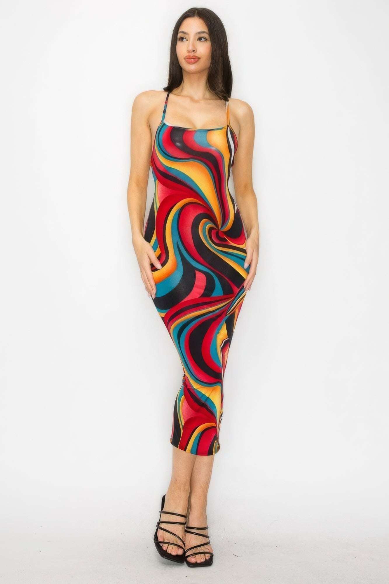 Crossed Back Marble Print Multicolor Midi Dress - The Diva Goddess