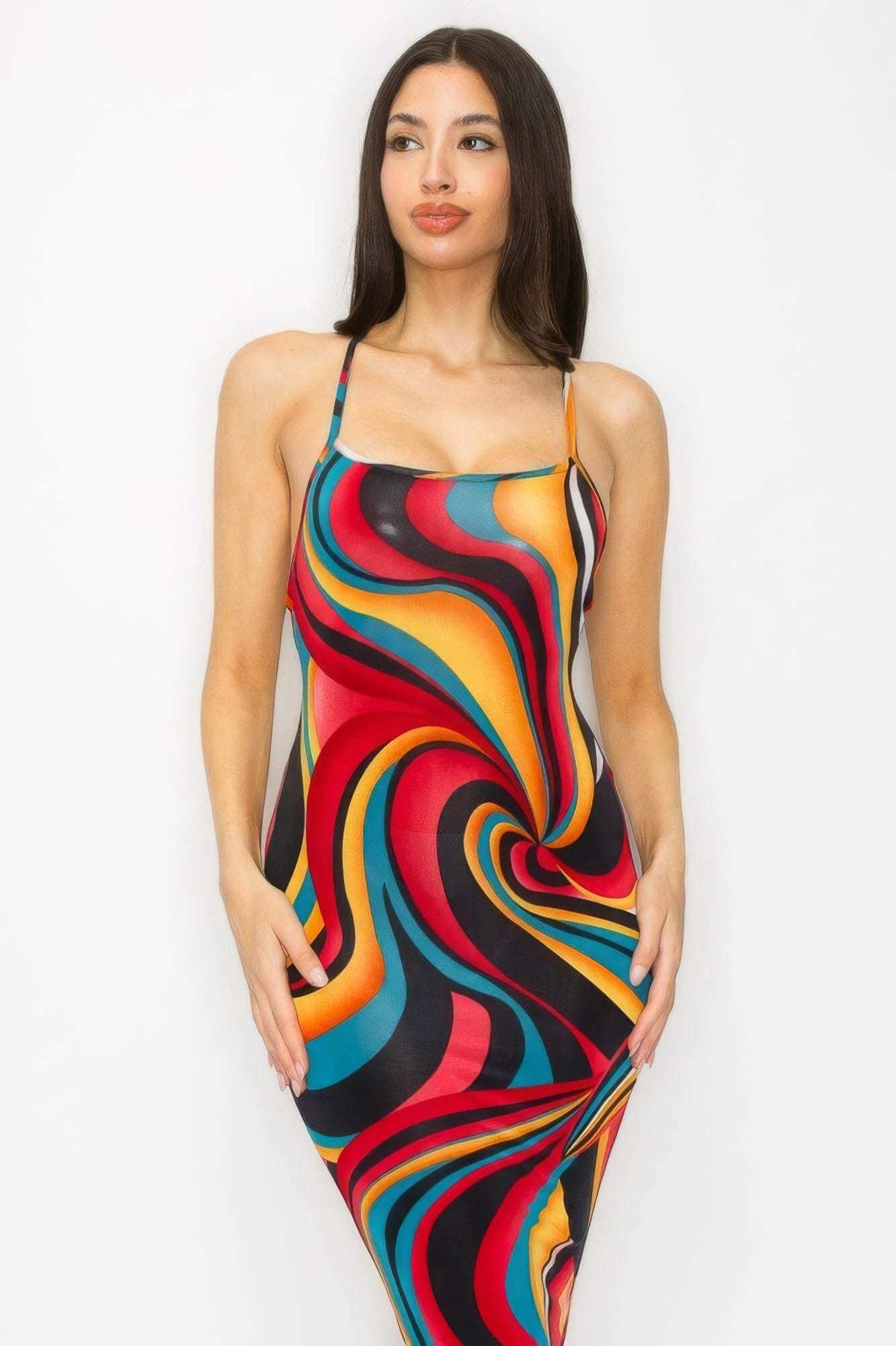 Crossed Back Marble Print Multicolor Midi Dress - The Diva Goddess