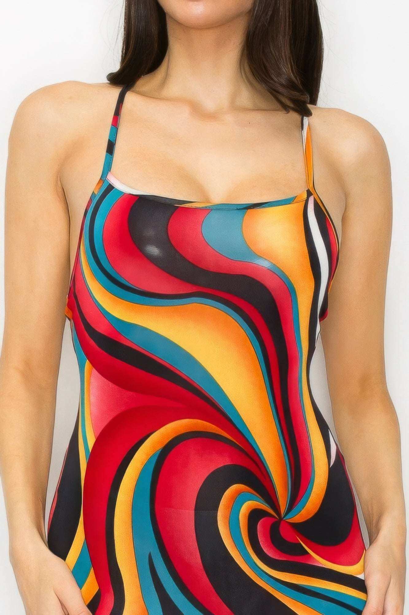 Crossed Back Marble Print Multicolor Midi Dress - The Diva Goddess