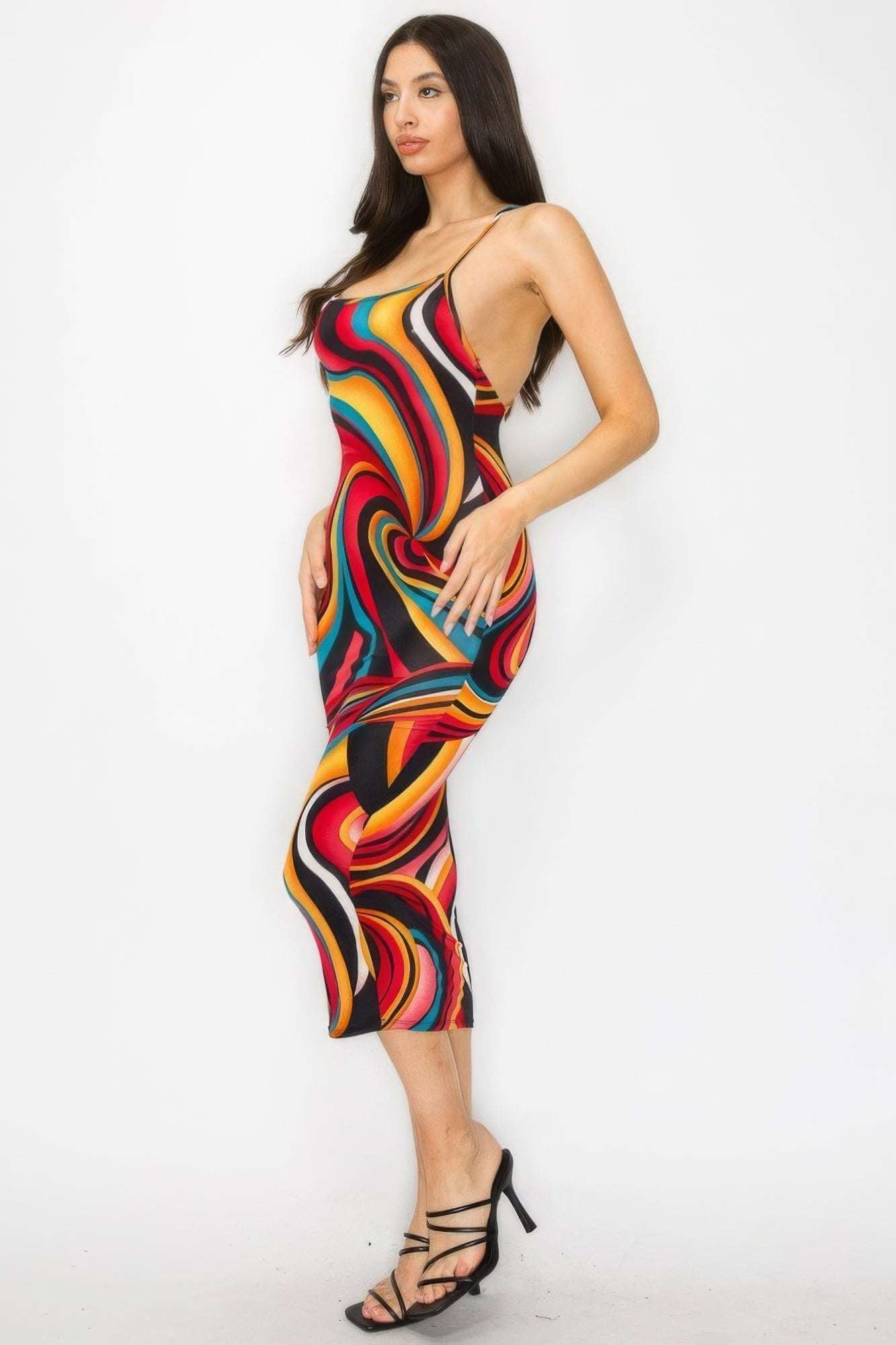 Crossed Back Marble Print Multicolor Midi Dress - The Diva Goddess