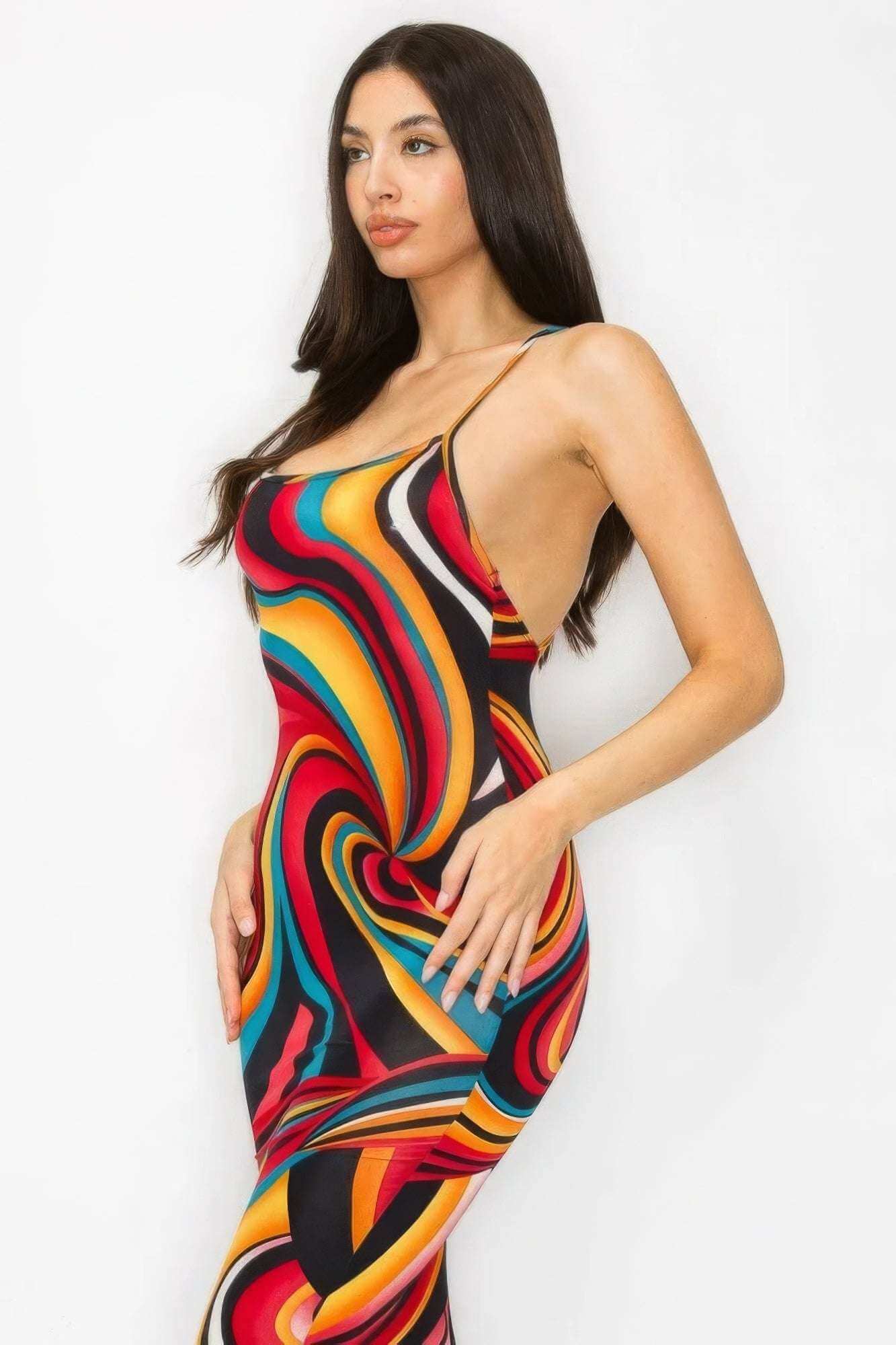 Crossed Back Marble Print Multicolor Midi Dress - The Diva Goddess