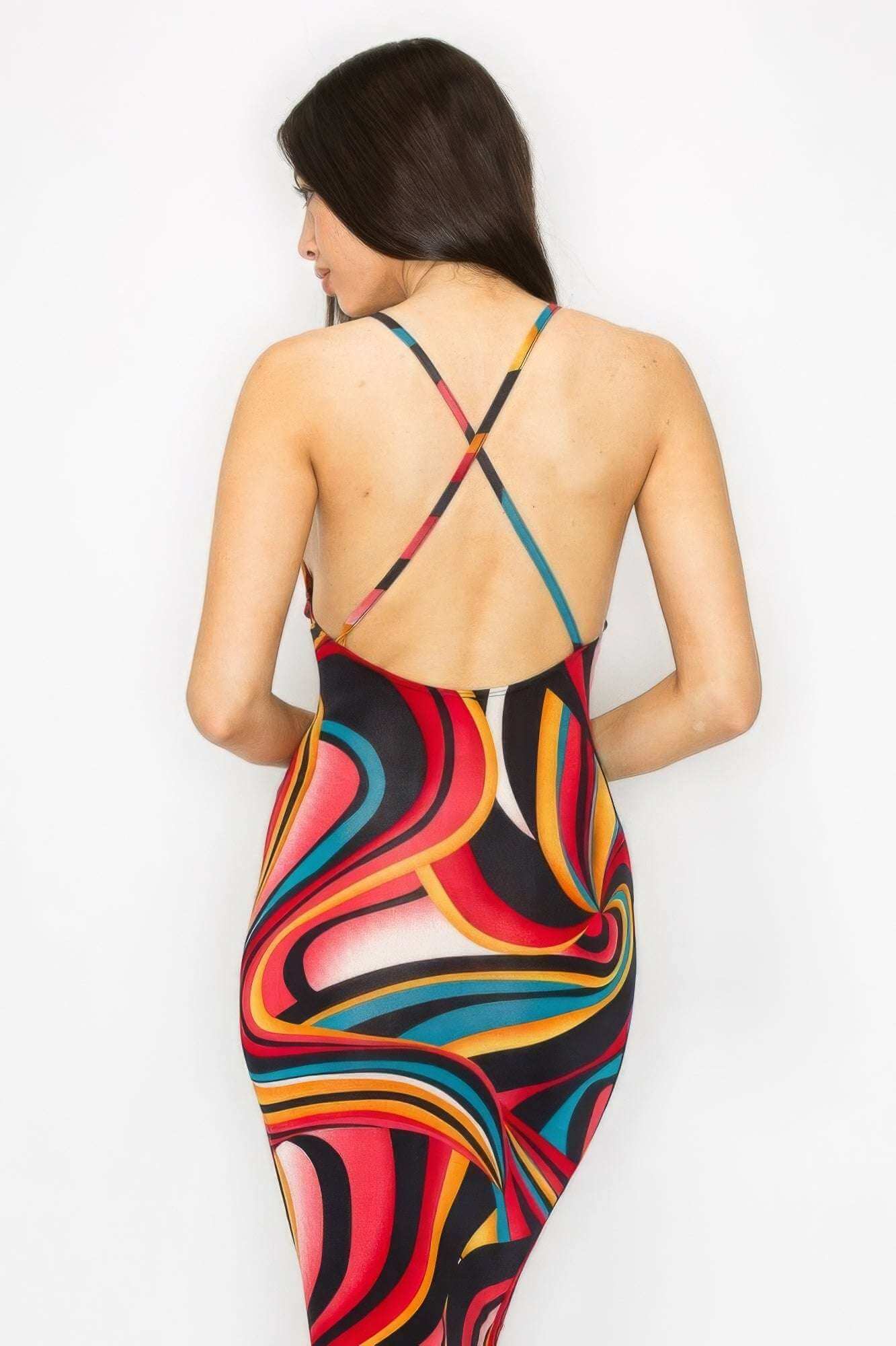 Crossed Back Marble Print Multicolor Midi Dress - The Diva Goddess