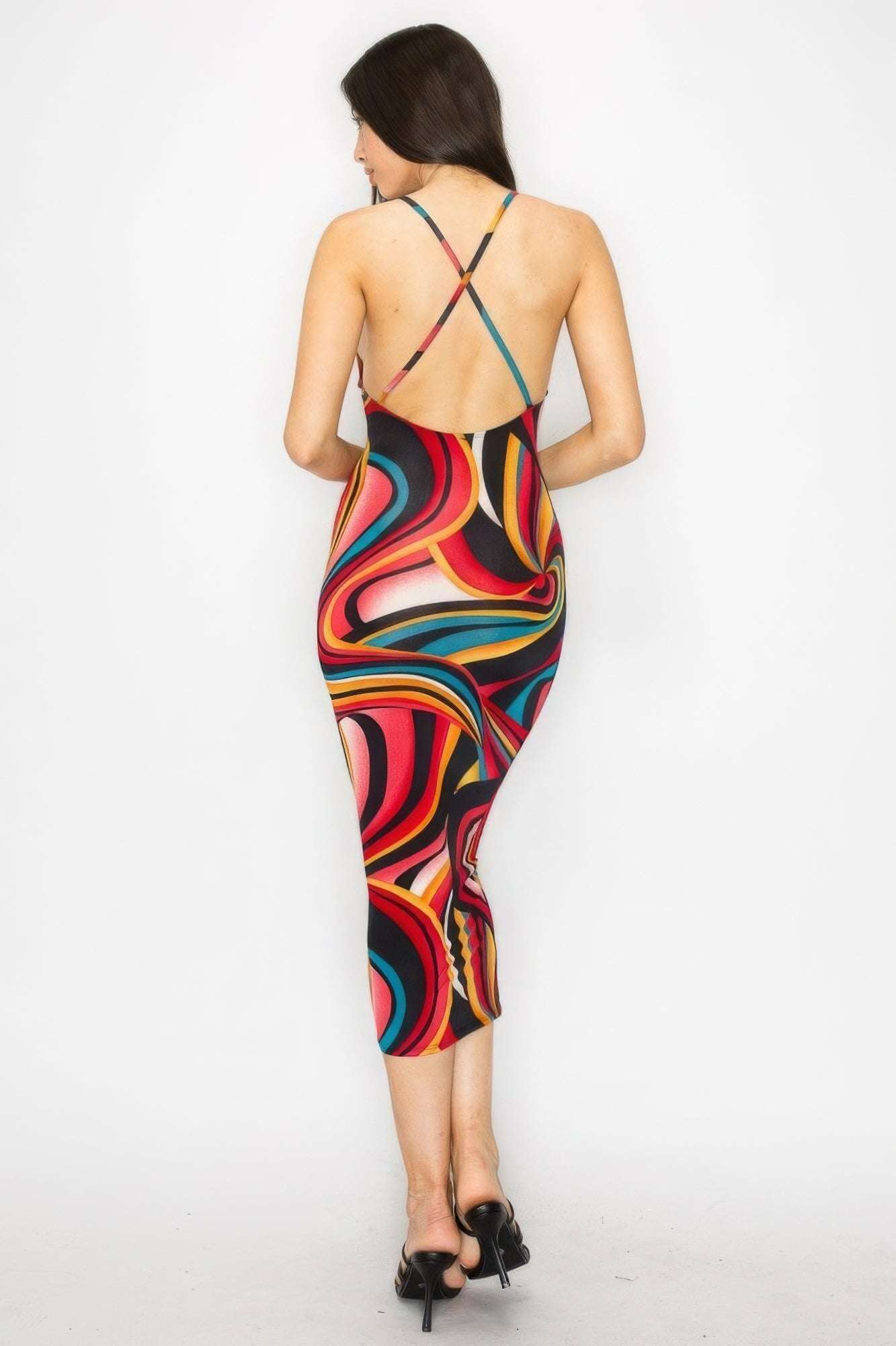 Crossed Back Marble Print Multicolor Midi Dress - The Diva Goddess