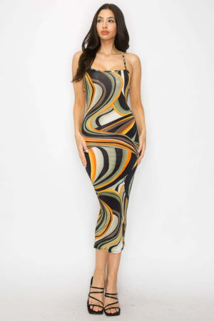 Crossed Back Marble Print Multicolor Midi Dress - The Diva Goddess