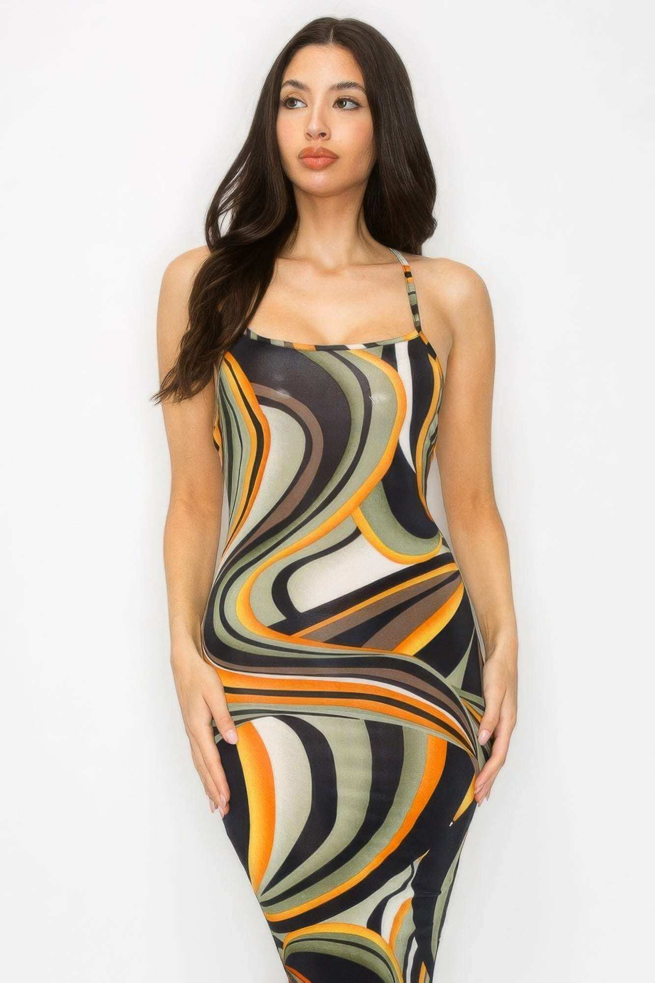 Crossed Back Marble Print Multicolor Midi Dress - The Diva Goddess