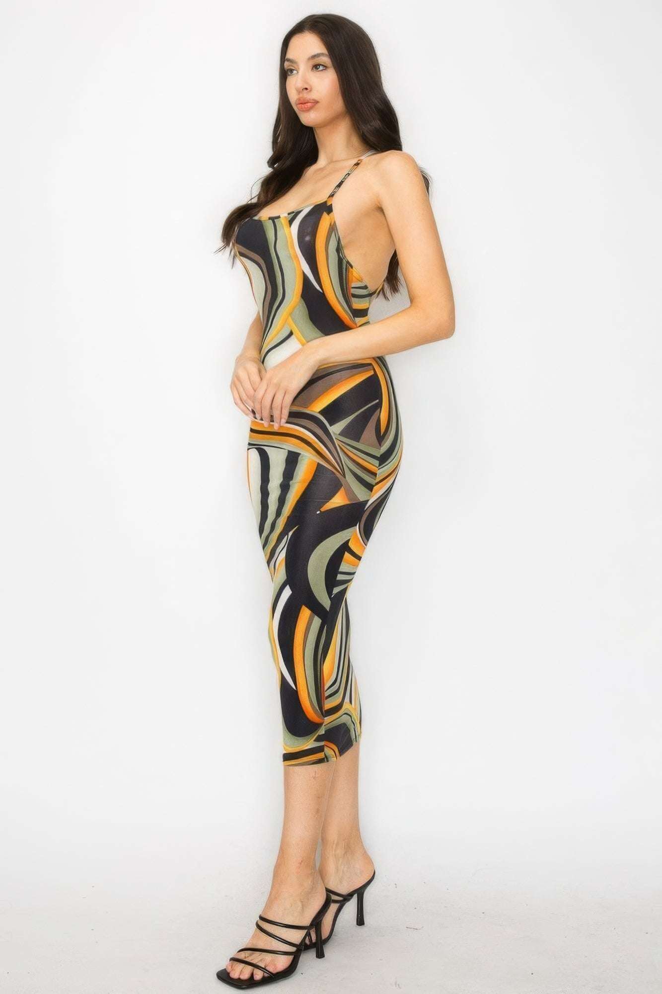 Crossed Back Marble Print Multicolor Midi Dress - The Diva Goddess