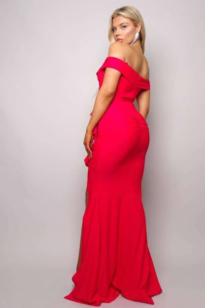 Crossover Front Off Shoulder Side Ruffle Maxi Dress - The Diva Goddess