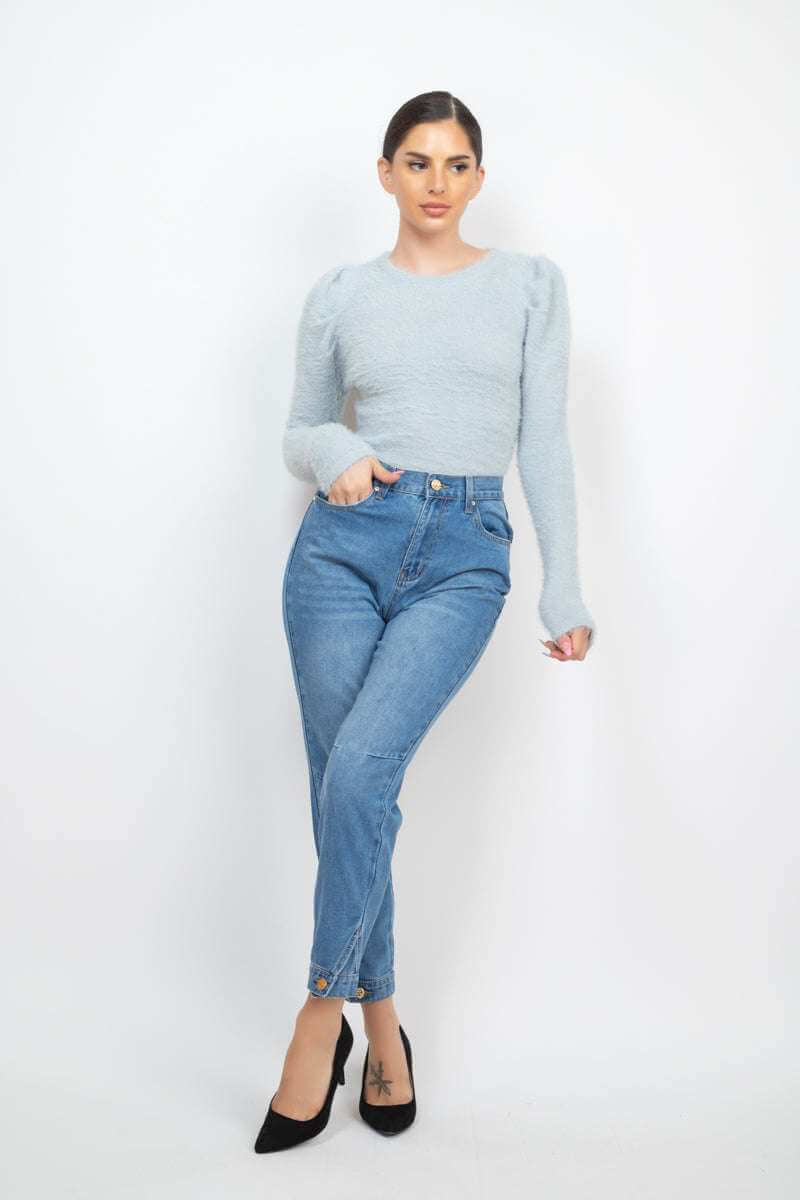 Cuffed-button Mom Jeans - The Diva Goddess