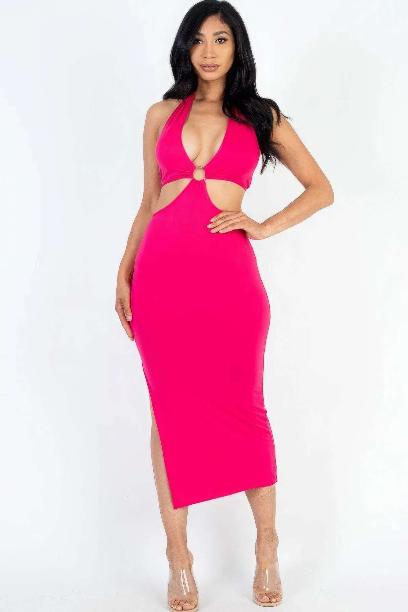 Cut-out Halter Neck Double Back Tie Split Thigh Midi Dress - The Diva Goddess