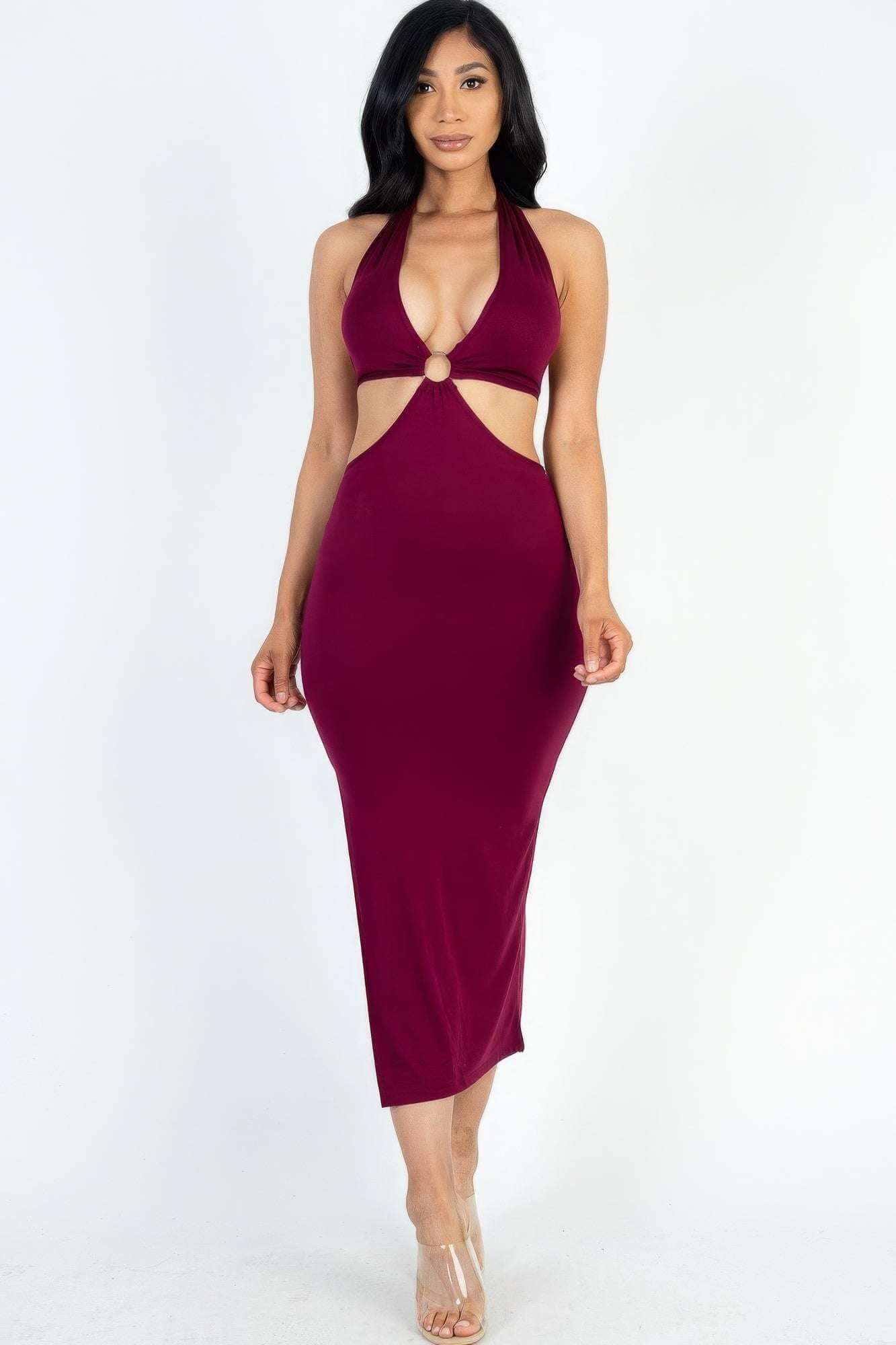 Cut-out Halter Neck Double Back Tie Split Thigh Midi Dress - The Diva Goddess